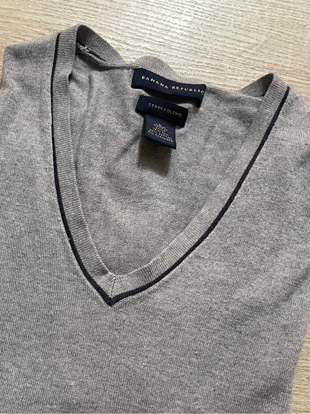 Banana Republic Men's Gray V-Neck Sweater with Navy Trim Luxury Blend